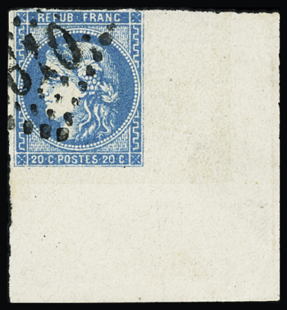 N°46B 20c bleu, Type III, Report 2, grand coin de feuille,