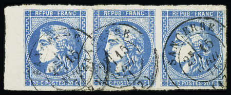N°46B 20c bleu, Type III, Report 2, bande de trois