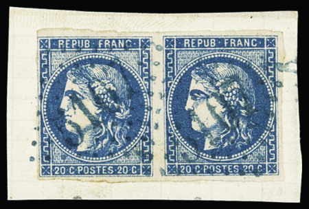 N°46B 20c bleu, Type III, Report 2, paire obl. GC bleu