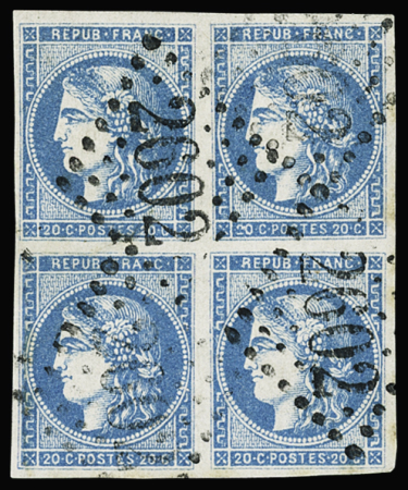 N°46A 20c bleu, Type III, Report 1, bloc de 4 obl.