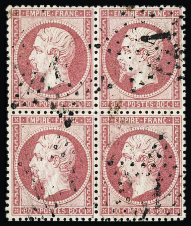 N°24 80c rose, bloc de 4 oblitéré étoile 1, TB. Signé