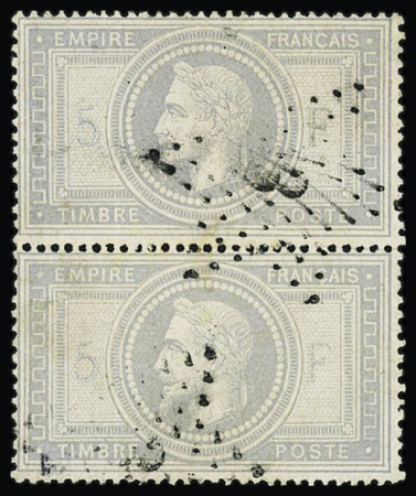 N°33 5f violet-gris, paire obl. étoile 3, TB, R. Signé
