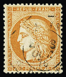 N°38d 4 retouchés sur 40c orange obl. càd Paris Levée