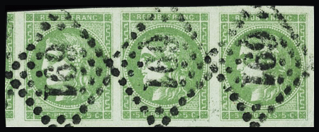 N°42B 5c vert-jaune Report 2, bande de trois bien margée