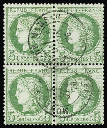 N°53 5c vert-jaune, bloc de 4 obl. càd Mont-de-Marsan