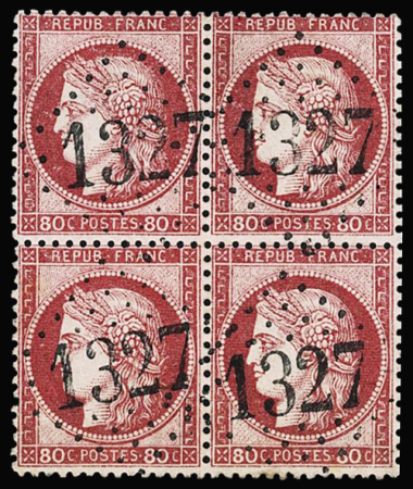 N°57b 80c carmin vif, bloc de 4 obl. GC 1327 de Donzère