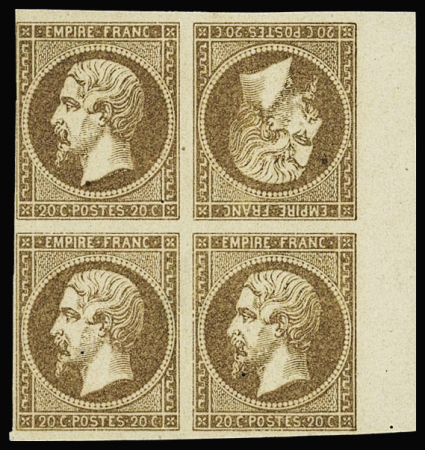 N°14 essai en brun, bloc de 4 avec TETE-BECHE, lég.