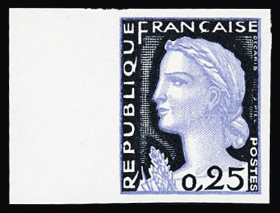 N°1263 25c Decaris, essai de couleur en bleu sur noir,