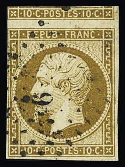 N°9d 10c bistre-brun foncé, obl. PC, avec voisin, petite