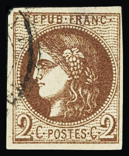 N°40Bc 2c chocolat foncé, obl. càd, aminci mais TB