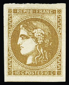 N°43Be 10c rare nuance bistre roux, voisin en bas,