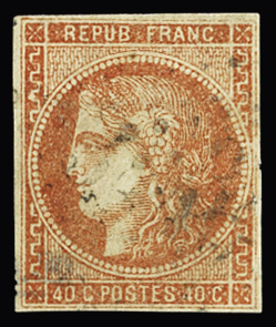 N°48g 40c vermillon vif, obl. GC, déf., B/TB