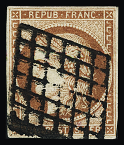 N°7B 1 franc vermillon terne, bien margé, oblitéré