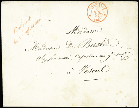 VOSGES Lettre avec CAD rouge "Plombières (82)" (1857)