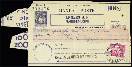 N°369 OBL Angers (1939) sur mandat poste Sage viol