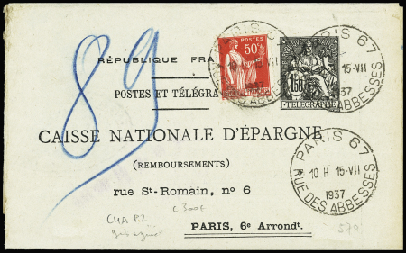 N°283 OBL Paris 67 (1937) sur entier pneu caisse d