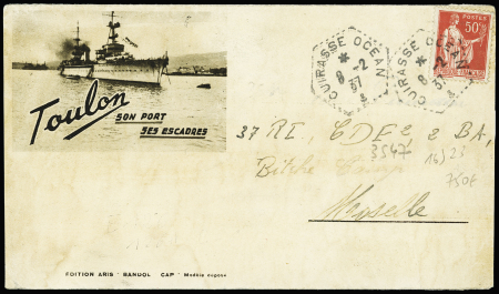 N°283 OBL hex "Cuirassé Océan" (8.2.37) sur carte