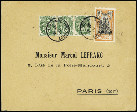 N°111 en bande de 3 en mixte avec Inde française n