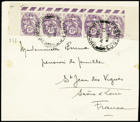 N°233, bande de 5, haut de feuille, OBL grand CAD