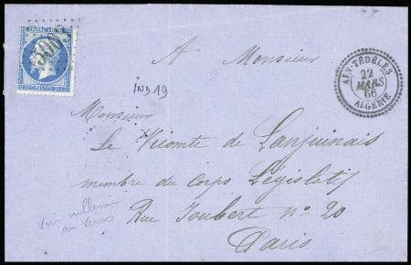 N°22 OBL GC 5003 + T22 "Aïn Tédéles Algérie" (1868