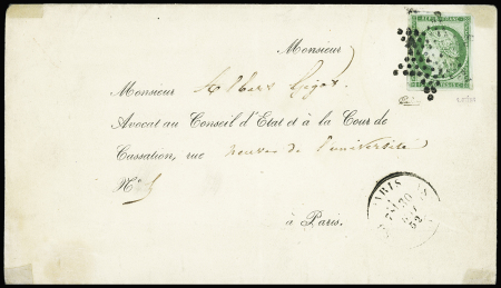 N°2 15c vert OBL étoile muette sur lettre (1852), B/TB