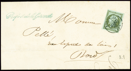 N°11 1c olive, OBL T15 Bordeaux (1863) sur circula