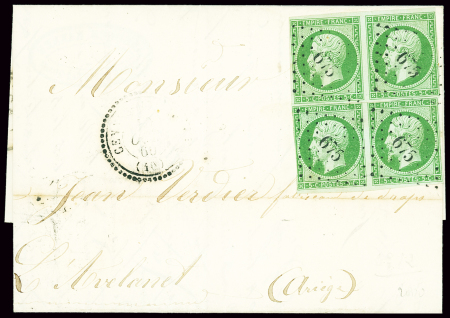 N°12, bloc de 4 OBL PC 675 + T22 "Cennes-Monesties