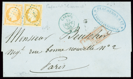 N°13 + 16 OBL ancre bleue + CAD bleu "Carmel" (185