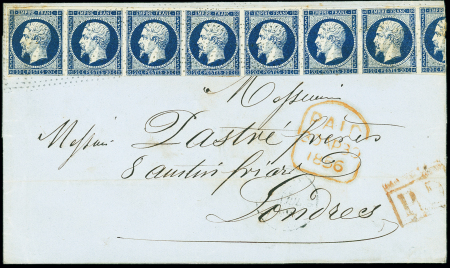 N°14, 20c bleu foncé, bande de 8 (1 timbre replié)