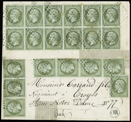 N°19 1c olive, bloc de 12 + bande de 4 + bande de