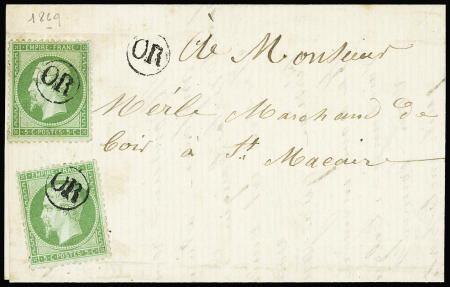 N°20, 2 pièces obl "OR" frappé 2 fois sur lettre d