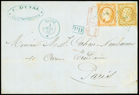 N°21 + 23 OBL ancre bleue + CAD bleu "Gange" (1863