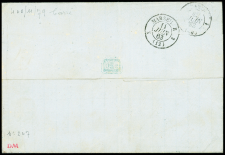 N°21 + 23 OBL ancre bleue + CAD bleu "Gange" (1863