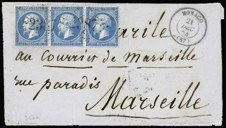 N°22, bande de 3 (pd), OBL GC 2387 + T15 "Monaco (87)"
