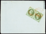 N°25 1c olive, paire OBL CAD rouge des imprimés de