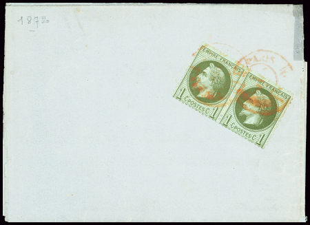 N°25 1c olive, paire OBL CAD rouge des imprimés de