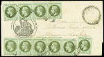 N°25, bande de 5 + bande de 4 + 1 pièce OBL T24 "A
