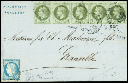 N°25, bande de 5 + n°37 sur lettre de Bordeaux pou