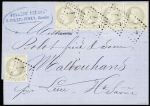 N°27 4c gris, bande de 4 + 1 pièce OBL GC 217 (Aud