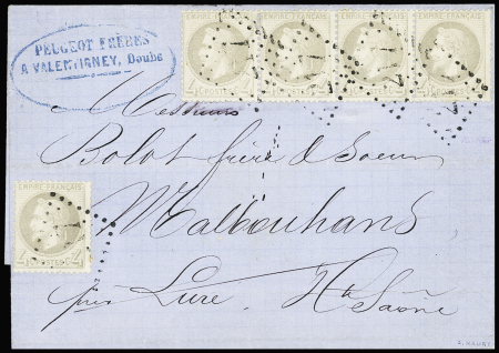 N°27 4c gris, bande de 4 + 1 pièce OBL GC 217 (Aud