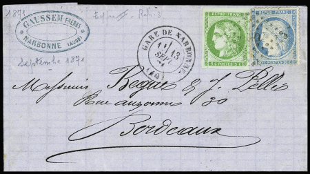 N°42B + 37 sur lettre avec T17 "Gare de Narbonne" Aude