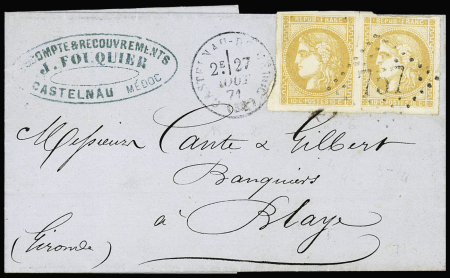 N°43B 10c bistre en paire OBL GC 757 + T16 "Castelnau