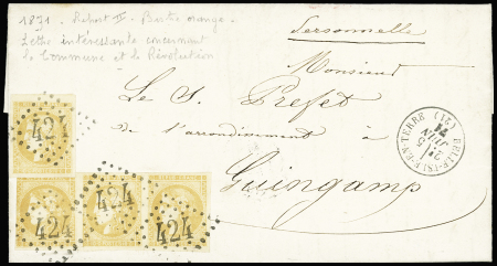 N°43Ba 10c bistre orangé, bande de 3 (touchée à gauche)