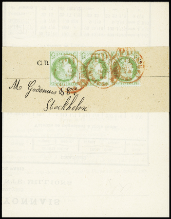 N°53, 5c vert-jaune, bande de 3, OBL CAD rouge "PD