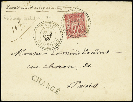 N°98 50c rose OBL CAD perlé "Cars Gironde" (1897) sur