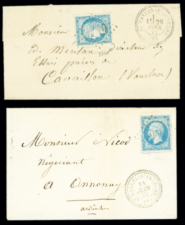 2 lettres : n°14 OBL PC 3181 + T22 "St Marcel d'Ardèche"