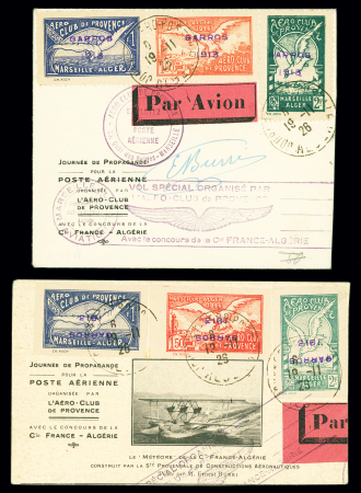 Marseille - Alger 12.11.1926. Fragments de lettre et de carte postale avec série de 3 timbres semi-officiels surchargés "Garros 1913" dont une renversée + lettre et CP du 14.11.1928 Dijon - Chalon sur Saône pour Monchani