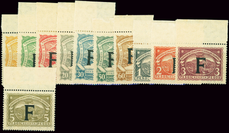+ SCADTA, 11 timbres de Colombie surchargés "F" pour les lettres de France par avion pour la Colombie, altérations de gomme sinon TB