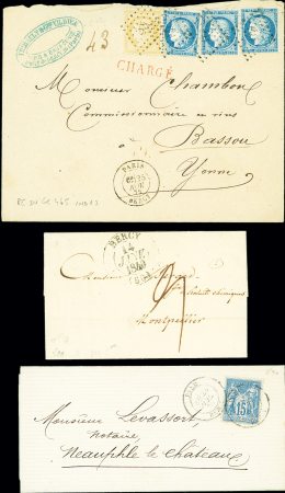 Bercy : 3 lettres dont n°59 + 60, 3 pièces, OBL PC du GC 445 + T17 "Paris Bercy" (1872) sur lettre chargée. TB