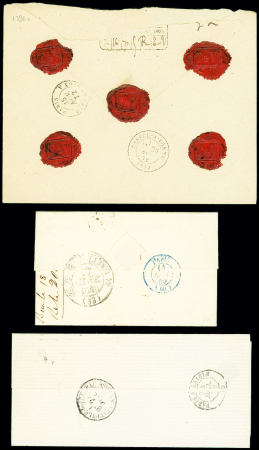 Bercy : 3 lettres dont n°59 + 60, 3 pièces, OBL PC du GC 445 + T17 "Paris Bercy" (1872) sur lettre chargée. TB